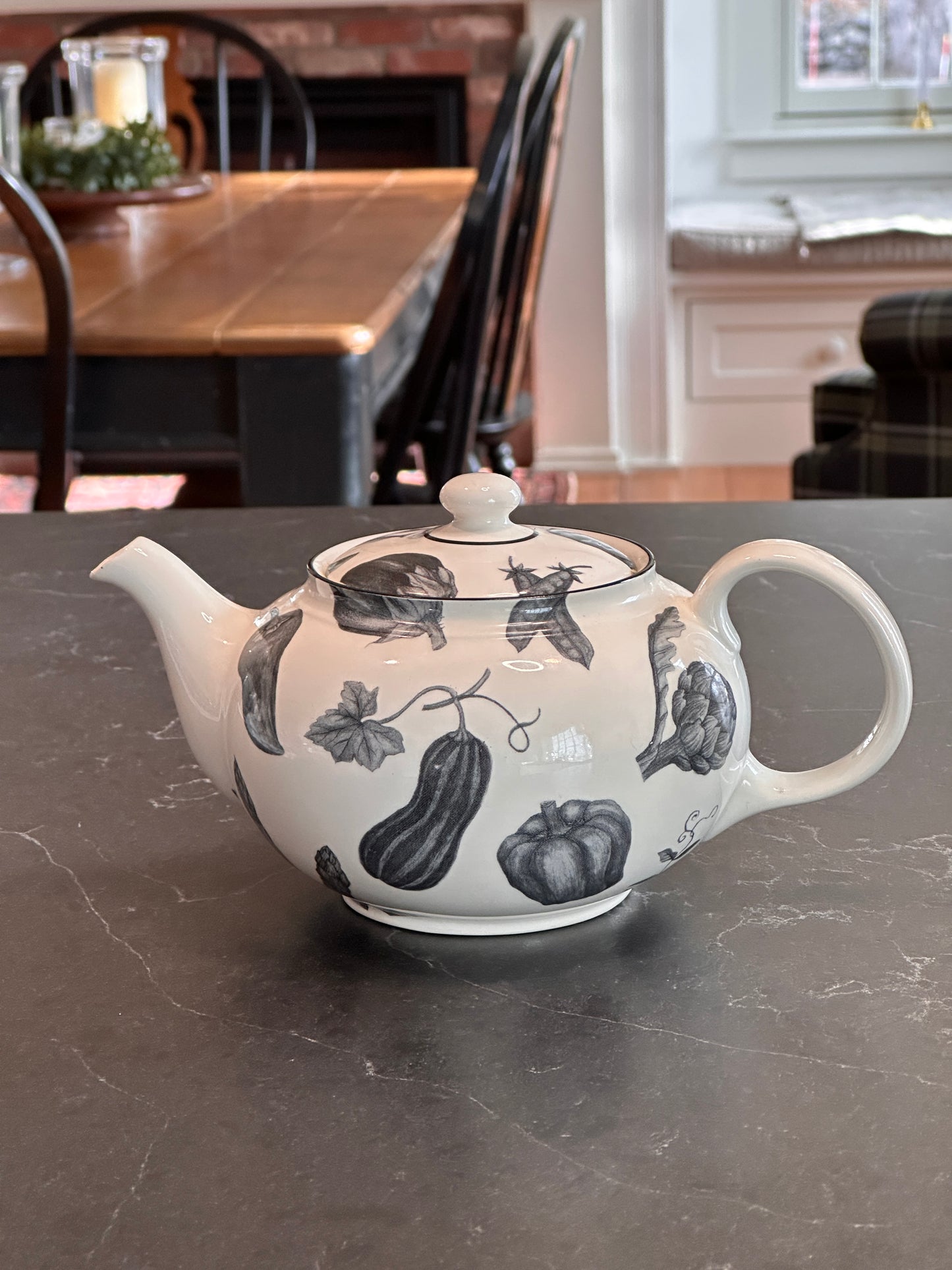 Vintage Black and White Garden Vegetable Teapot