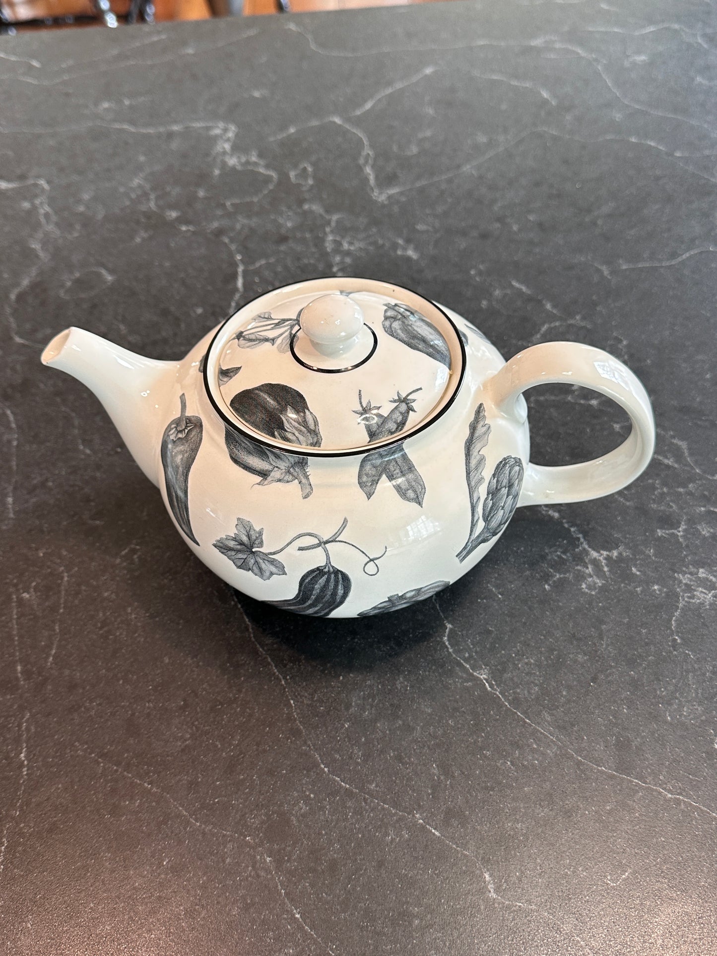 Vintage Black and White Garden Vegetable Teapot