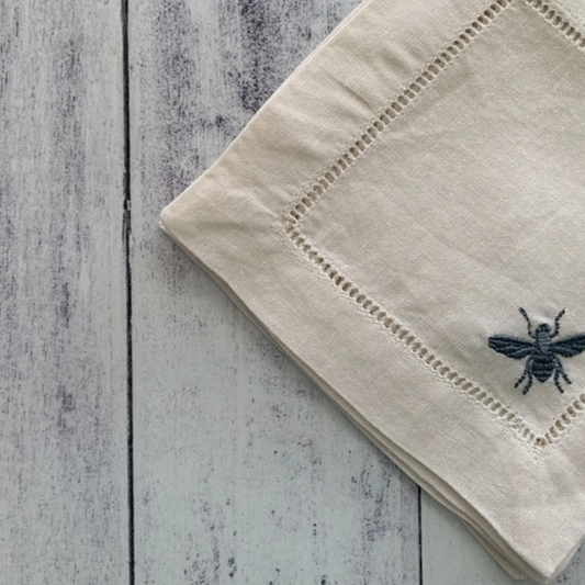 Bee Coasters - Linen with charcoal colored bee embroidery