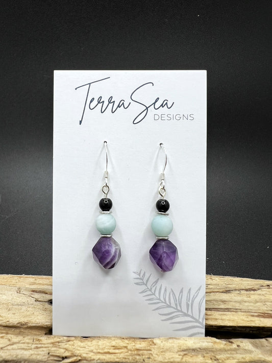 Available March 12th - Amethyst, Blue Amazonite & Black Jasper Earrings