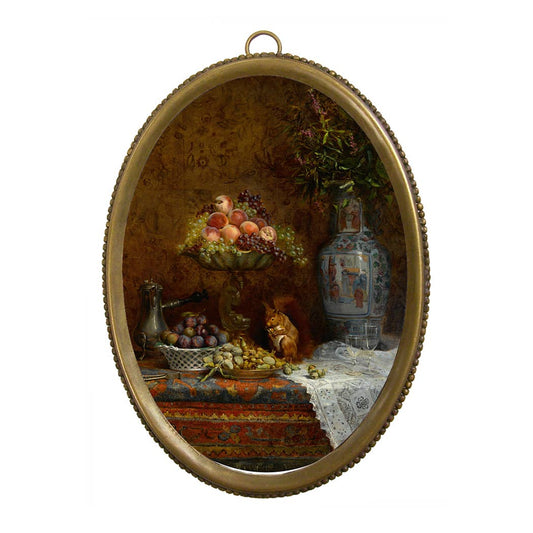Fruit and Squirrel Still Life within Antiqued Brass Frame