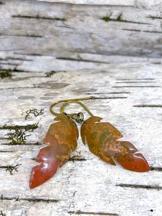 Handmade Copper Feather Dangle Earrings